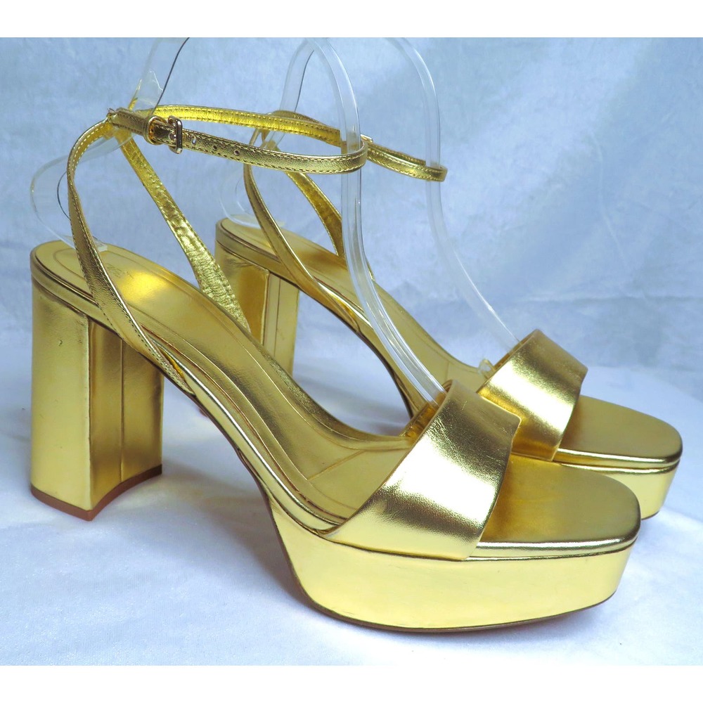 NEW Gold ZARA Faux Leather Platform Chunky Heel Ankle Strap Sandals Sz 11 EU 42
